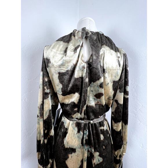 NWT Midi VELVET LONG SLEEVE DRESS Tie Waist Pockets Brown Gold Olive Women Small - Picture 11 of 16